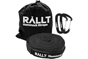 RALLT Premium Heavy-Duty Hammock Tree Straps & Carabiners - Extra Strength Suspension with 20ft of 2000+ lb Non-Stretch Polyester Straps & Wire Gate Carabiners - Outdoor Camping Gear (Black, 1 Pack)