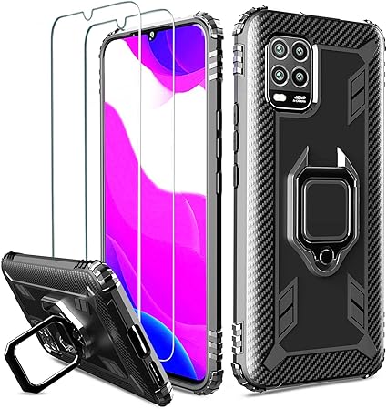 Milomdoi [Funda y 2 Unidades] Carcasa para Xiaomi Mi 10 Lite 5G Funda con Protectores Pantalla Cristal Templado HD, Carcasa con 360 Grados Anillo iman Soporte y Silicona TPU Anti Caída Case-Negro: