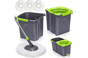 Almcmy Mop and Bucket with Wringer Set, Spin Mop Bucket System with 3 Replacement Refills, Extendable Handle, Mop Bucket Sepa
