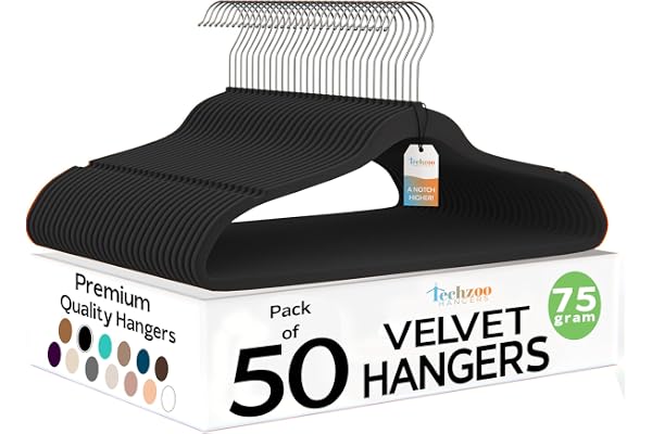 Techzoo Premium Black Velvet Hangers 50 Pack - Space Saving Felt Hanger, Non Slip Clothes Hangers for Closet, Heavy Duty Coat