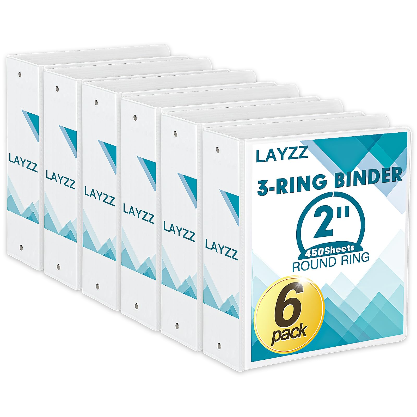 Photo 1 of 3 Ring Binder, LAYZZ 6 Pack 2 Inch Binders 3 Ring with 2 Pockets, Round Ring Binders, Clear Cover Binders for Letter Size 8.5"x11" Paper, PVC Free, Suitable for School Home and Office (White)