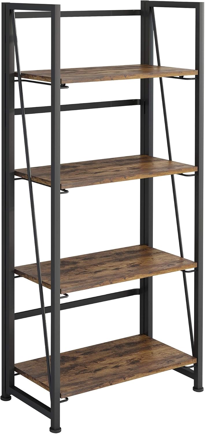 GHQME No-Assembly Folding Bookshelf Storage Shelves 4 Tiers Vintage Multifunctional Plant Flower Stand Storage Rack Shelves Bookcase for Home Office (Fire Board): Kitchen & Dining