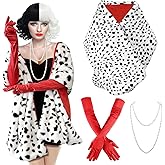 Pextian 4PCS Halloween Costume Women, Dalmatian Shawl, 1920s Red Gloves, Dalmatian Costume Women Coat for Halloween Cosplay Party