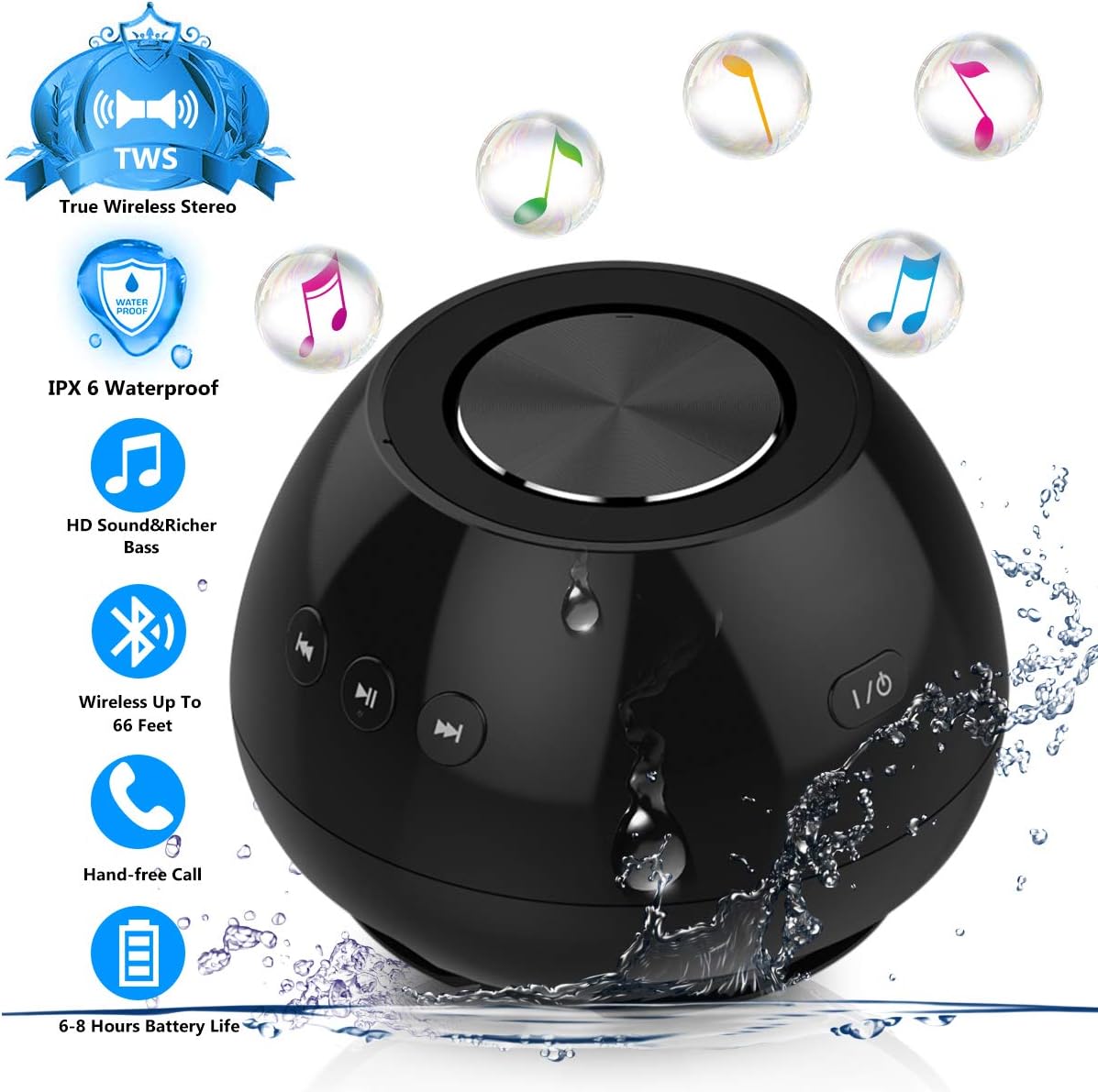 Bluetooth Speakers, Mix Hero IPX6 Waterproof Portable Bluetooth V4.2 Wireless Shower TWS Speaker with HD Sound and Bass, Built-in Mic for Pool Beach Home Party Travel Outdoors