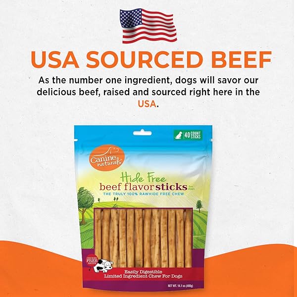 CANINE NATURALS BEEF CHEW – RAWHIDE FREE DOG TREATS – MADE WITH REAL BEEF – POULTRY FREE RECIPE – ALL-NATURAL AND EASILY DIGESTIBLE – 40 PACK OF 5 INCH STICK CHEWS