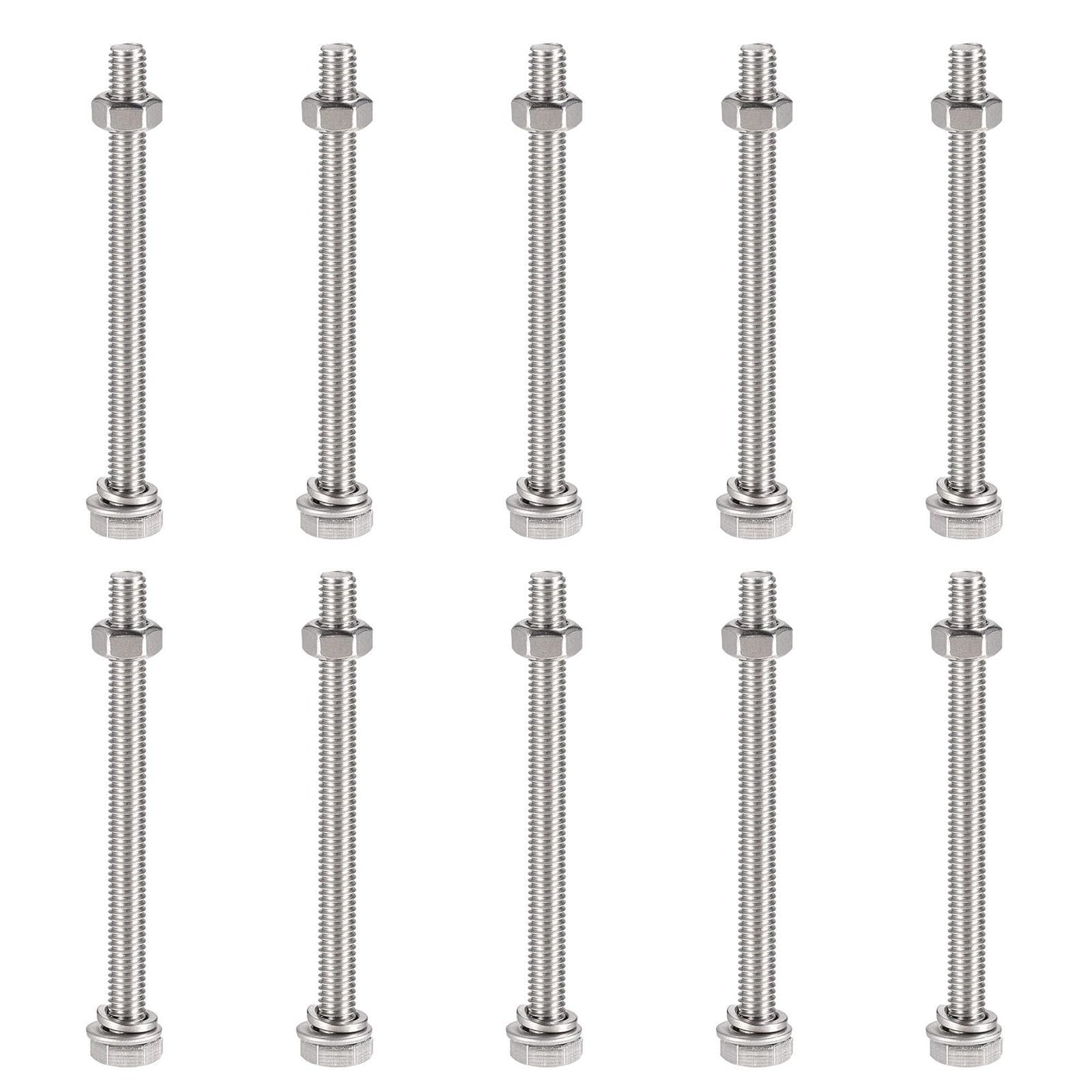 TOP-VIGOR 10Pcs M6 x 80mm Hex Head Screws Bolts, Nuts, Flat & Lock Washers Kits, 304 Stainless Steel Fully Thread Hexagon Bolts for DIY Bike Motorcycles Repair