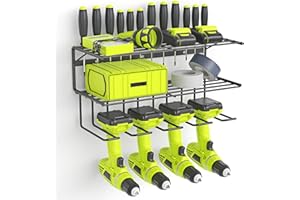 SUNALLY Power Tool Organizer Wall Mounted, Power Drill Tool Holder, Tool Organizers and Storage Rack for Garage Organization, 3 Layers Floating Tool Shelf with 4 Drill Holders