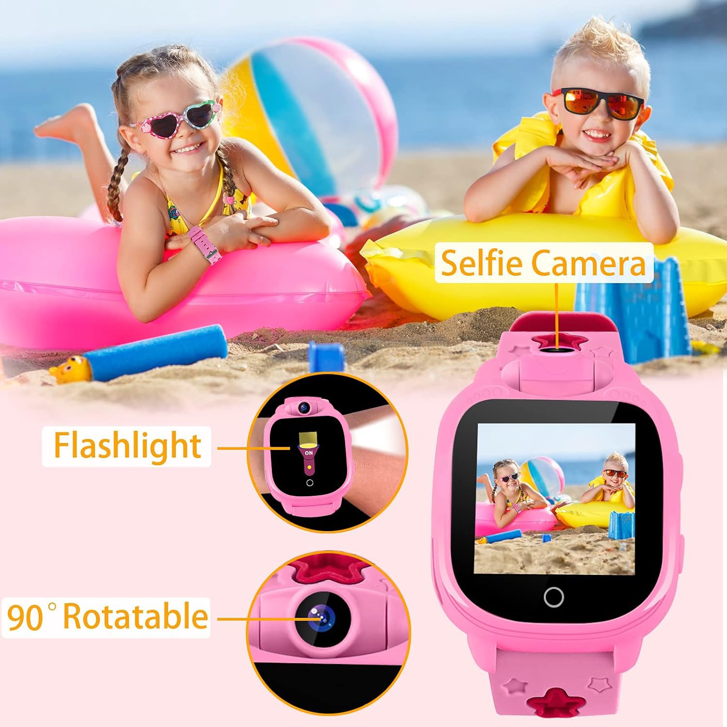 PROGRACE Kids Smart Watches with 90°Rotatable Camera Smartwatch Touch Screen Watch Music Pedometer Flashlight Games Alarm Clock Digital Wrist Gift for Boys Age 3-12 Years Old Boy Toys Blue, Pink