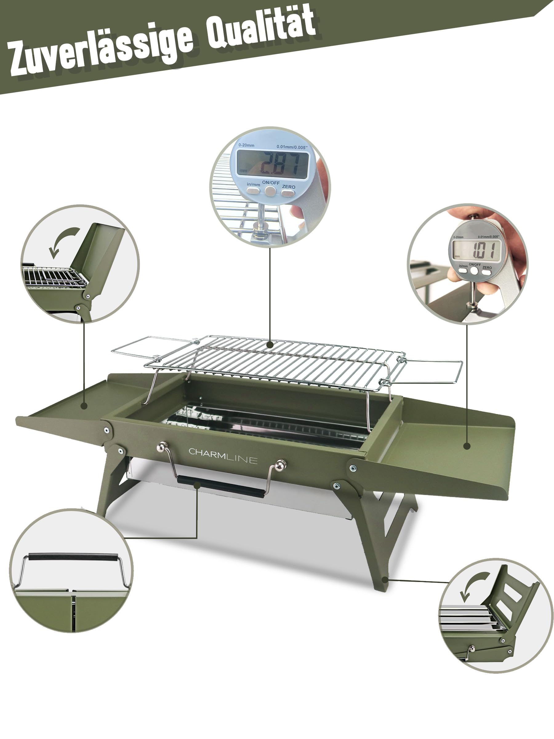 Charmline Tragbarer Holzkohlegrill, Klappbarer Campinggrill 35 x 23 cm für 1–3 Personen, Mini BBQ Grill für Balkon, Garten, Camping, Picknick und Strand, Grün 3