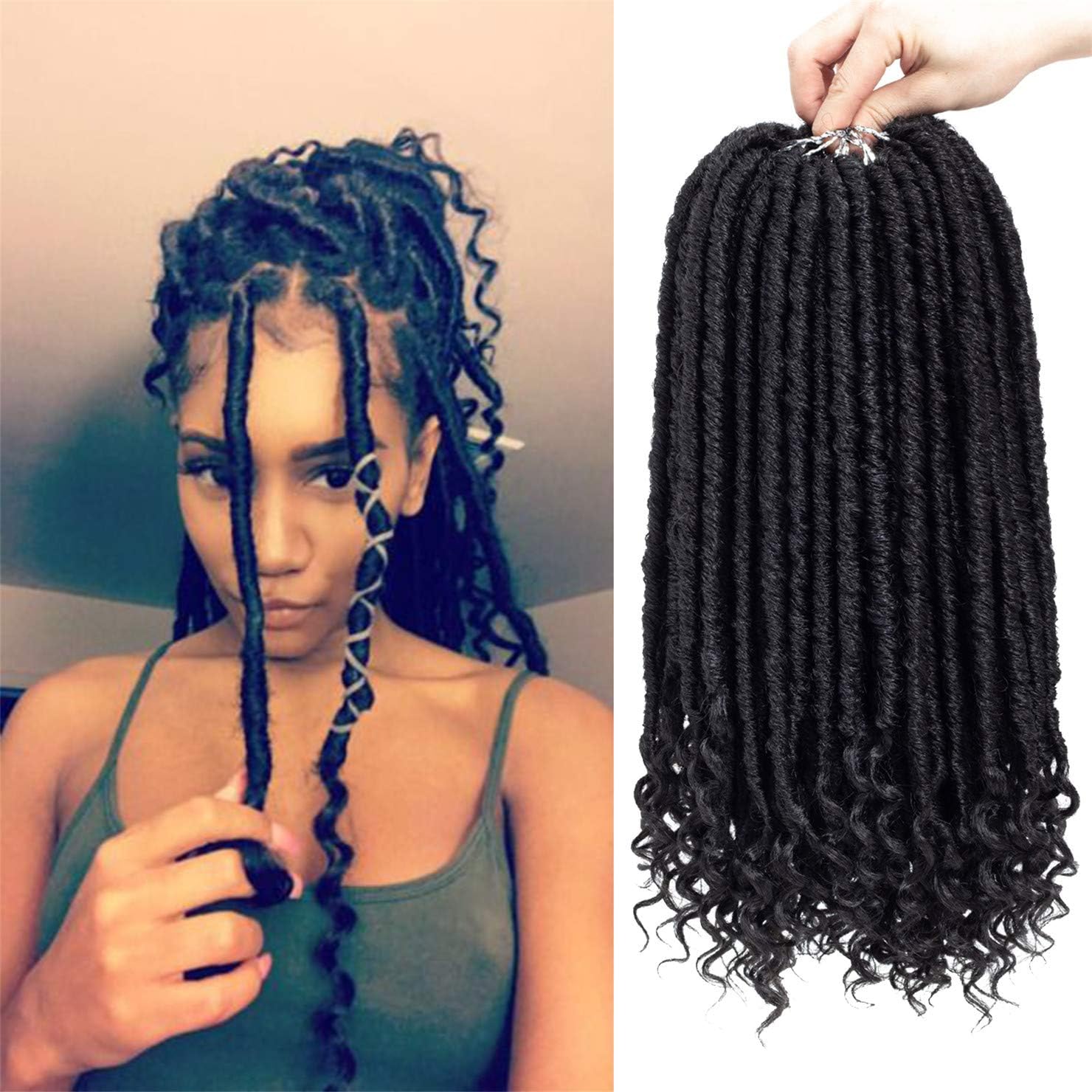 6 Packs Straight Goddess Locs With Curly Ends Faux Locs Crochet Hair Soft Dreadlocks Braids Hair Prelooped Straight Faux Locs Twist Briading Hair (16 INCH, 1B)