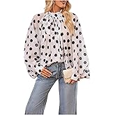 Floerns Women's Polka Dots Bishop Sleeve Shirts Tie Neck Mesh Dressy Casual Blouse Tops
