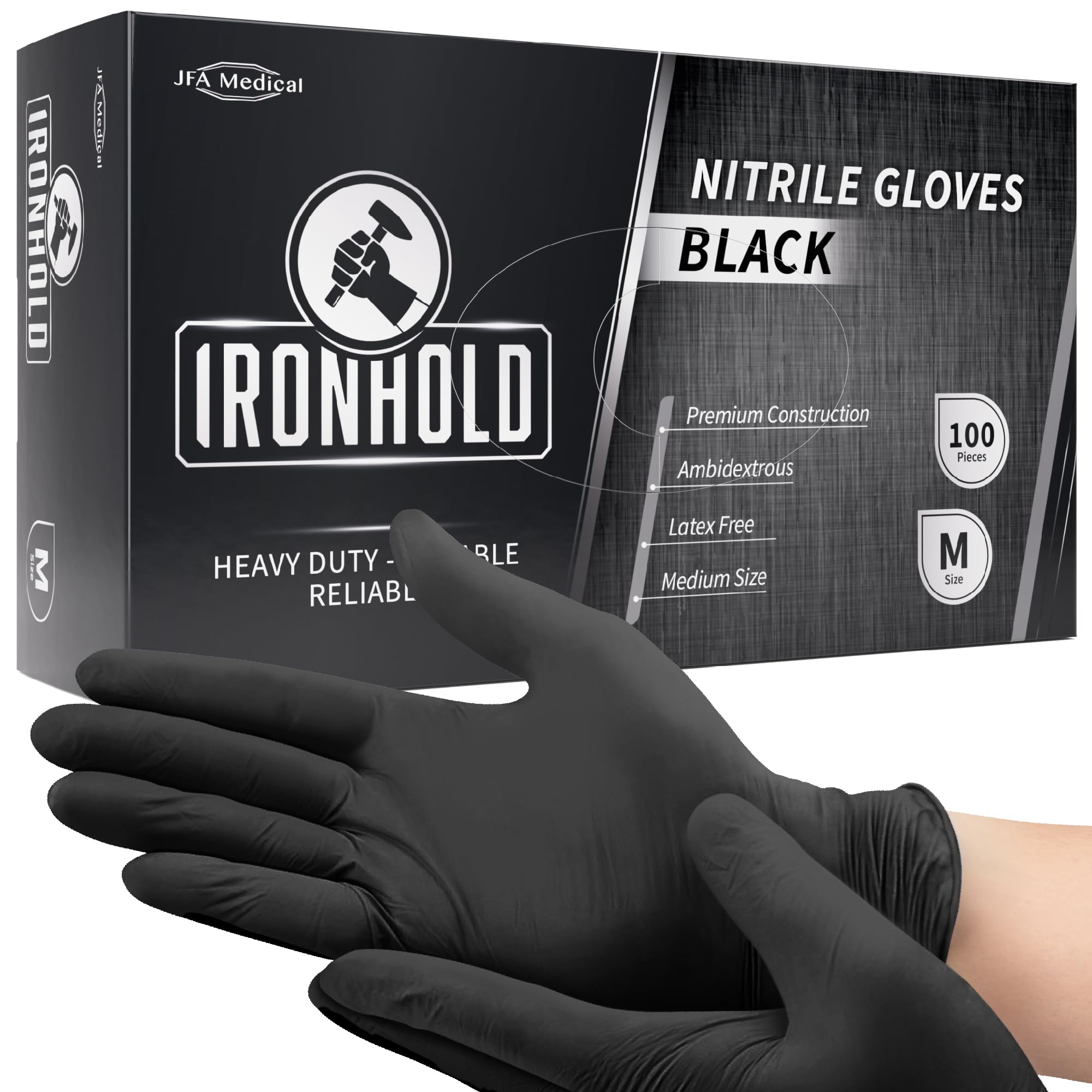 JFA Medical Disposable Mechanic, Heavy Duty 5.5G Powder Free Latex Free Black Nitrile Gloves - Box of 100 (M)