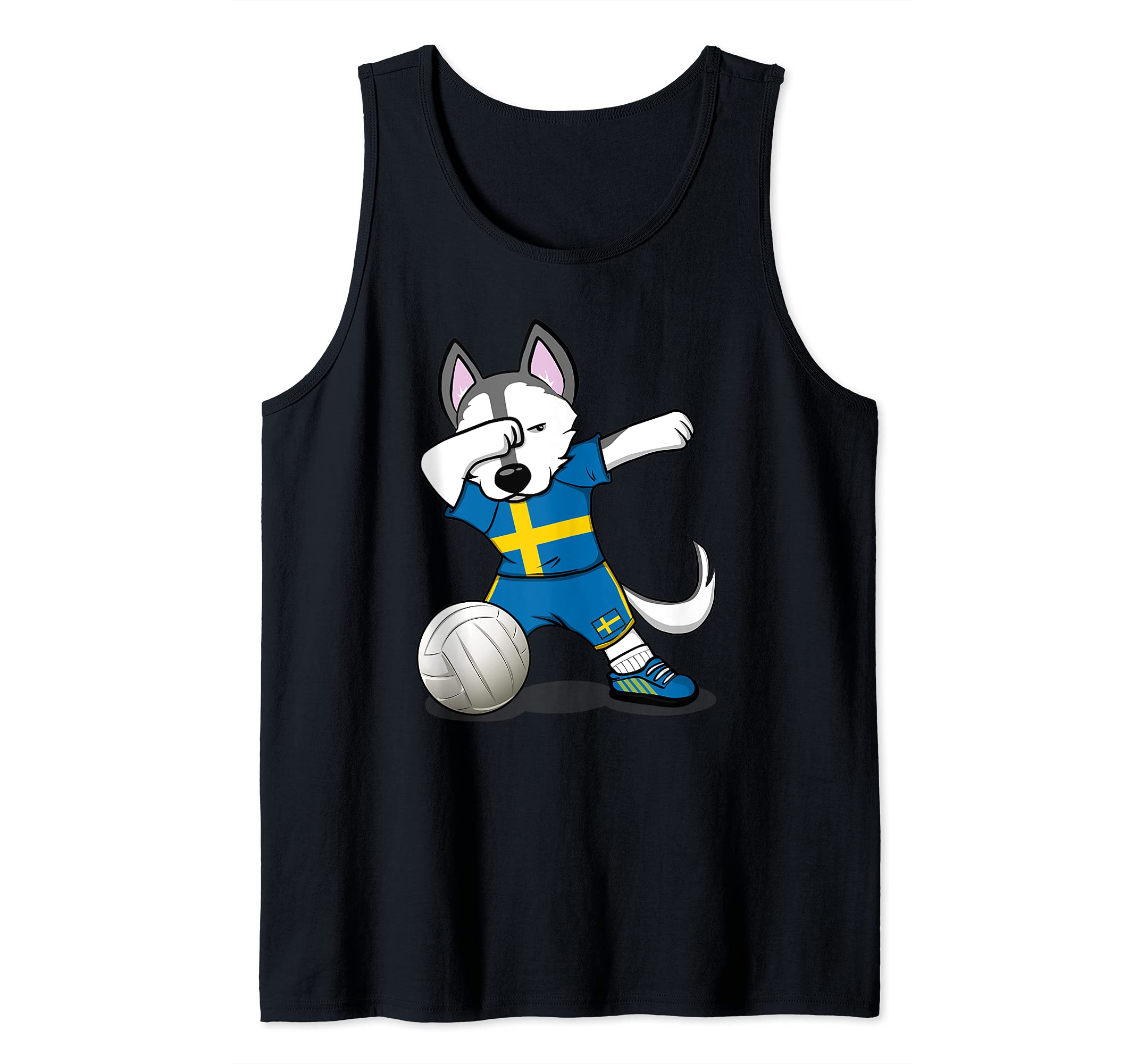 Dabbing Husky Dog Sweden Volleyball Fans Jersey Swedish Flag Tank Top