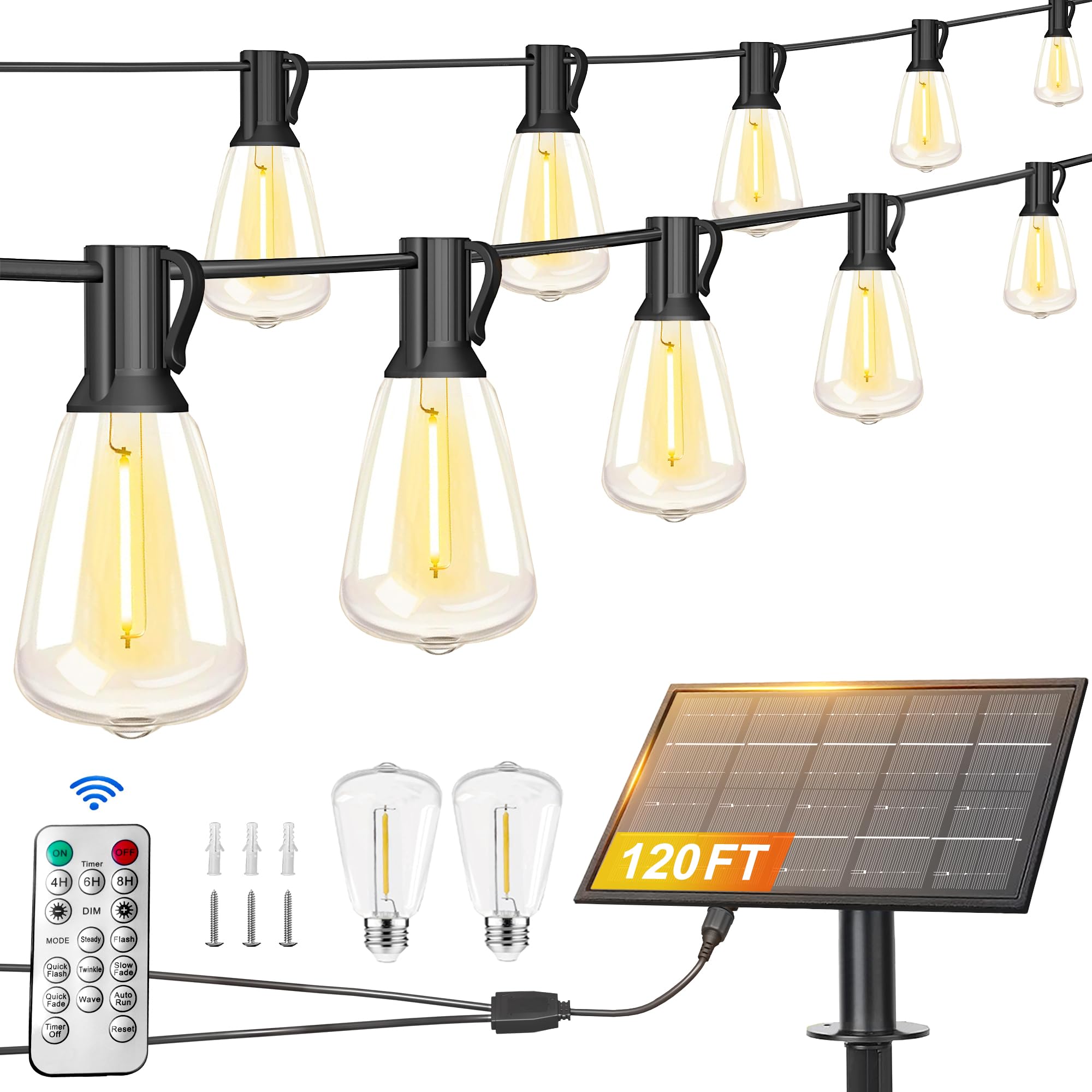 Photo 1 of Stright Solar String Lights for Outside 120FT with Remote Control 8 Light Modes, Weatherproof Shatterproof ST38 LED Bulb 30 Sockets for Backyard Porch Cafe, Large Solar Panel