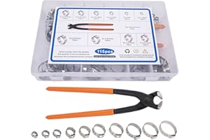 GDLIN Single Ear Hose Clamps - 115 pcs, 10 Sizes, 304 Stainless Steel - Stepless Design with Ear Clamp Pincer - Cinch Rings Crimp Hose Clamps Assortment Kit for Water Pipe and Automotive Use