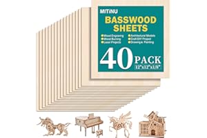 MITINU 40 Pack Basswood Sheets for Crafts,12"x12"x1/8" 3mm Thick Plywood Sheets with Smooth Surfaces-Unfinished Squares Wood Boards for Laser Cutting, Wood Burning, Architectural Models, Staining
