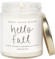 Sweet Water Decor Hello Fall Candle - Cinnamon Apples & Clove Autumn Fall Scented Candle for Home Decor - 100% Cotton Wick Soy Wax Candles with 40 Hour Burn Time - Made in The USA - 9oz Clear Jar