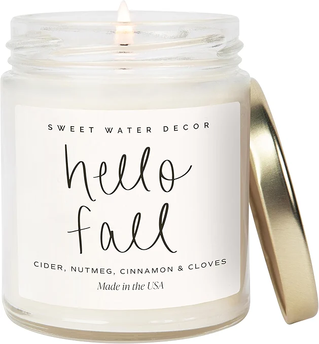 Sweet Water Decor Hello Fall Candle - Cinnamon Apples & Clove Autumn Fall Scented Candle for Home Decor - 100% Cotton Wick Soy Wax Candles with 40 Hour Burn Time - Made in The USA - 9oz Clear Jar
