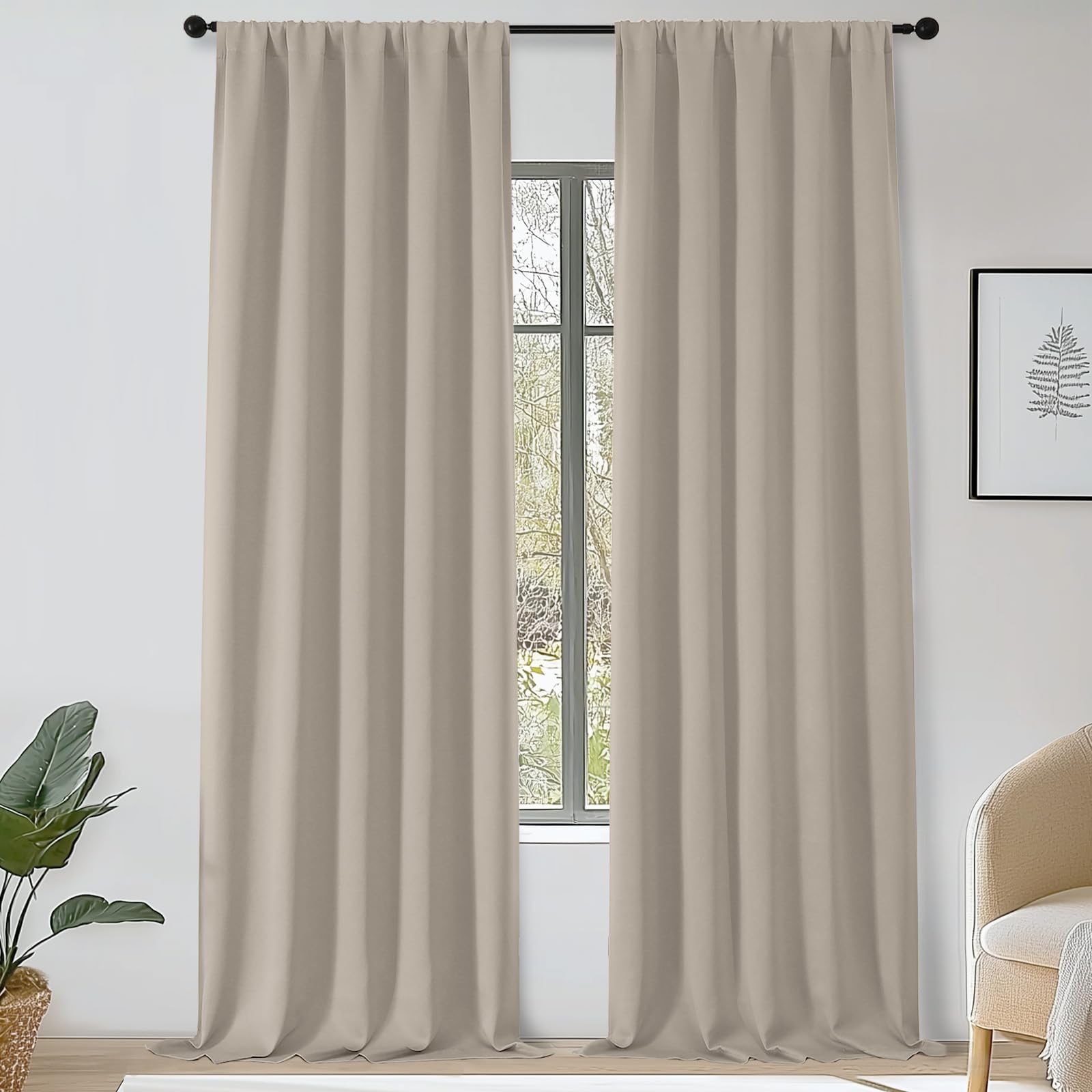 OWENIE Sally Extra Stone Blackout Curtains 120 Inches Long 2 Panels Set for Bedroom Living Room, Solid Thermal Insulated Privacy Room Darkening Window Treatment Drapes, 2 Pcs Each W50 x L120 Inch Image