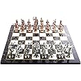 Historical Antique Copper Rome Figures Metal Chess Set for Adults, Handmade Pieces and Marble Design Wood Chess Board King 4 inc