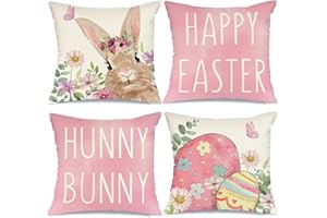 GEEORY Happy Easter Pillow Covers 18 x 18 Inch Set of 4 Hunny Bunny Easter Eggs Floral Rabbit Pillows Decorative Throw Pillows Cushion Case Farmhouse Decor for Couch Sofa