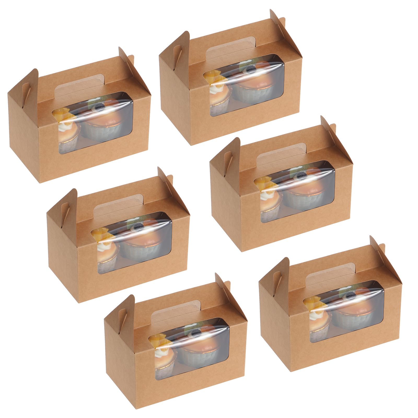 Coolty 50pcs Cupcake Boxes 2 Holes Cardboard Packaging Boxes Bakery Pastry Boxes with Handle for Cookies Muffins Cupcakes Desserts Pies (Brown)