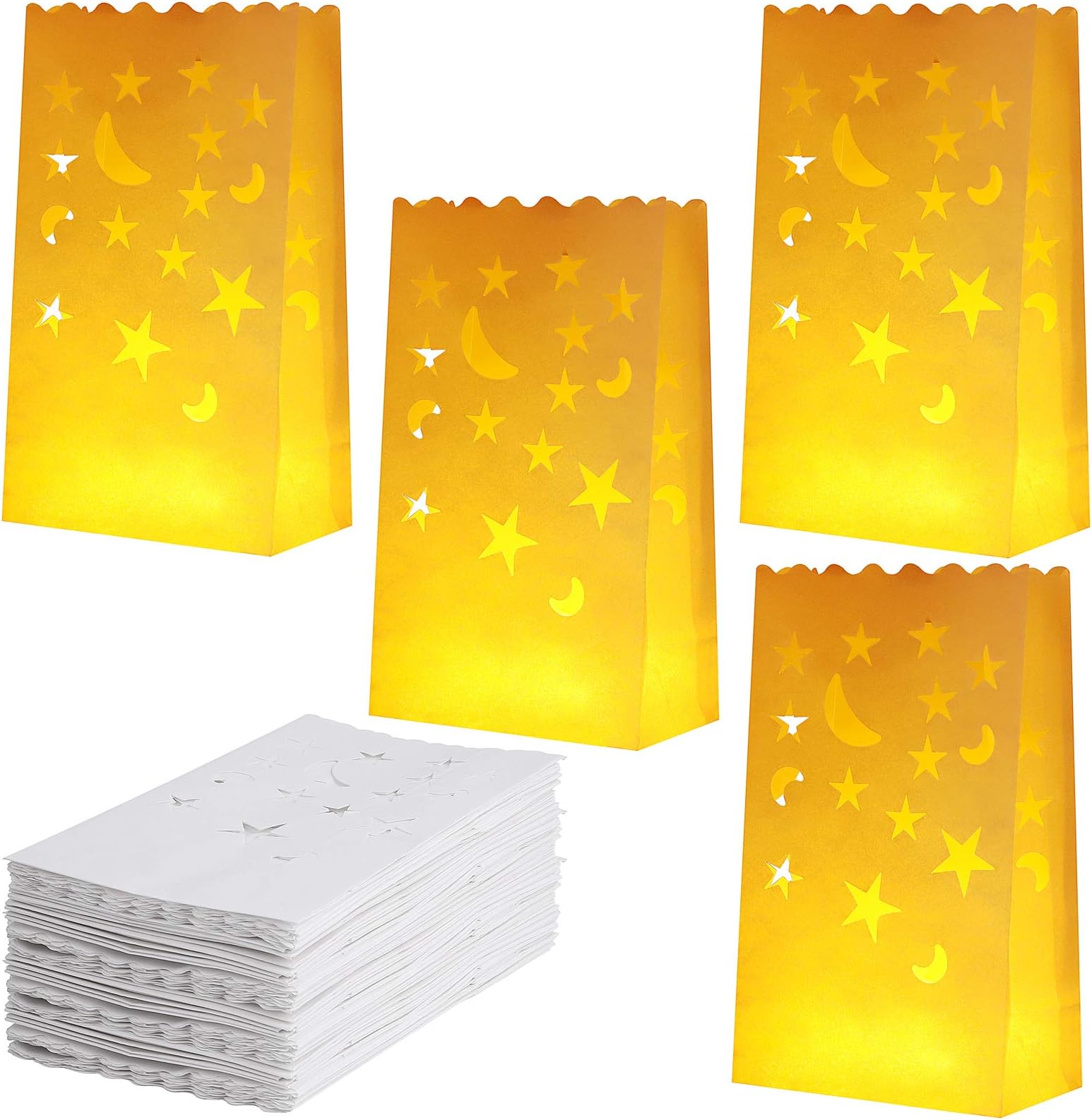 ANECO 72 Pieces White Luminary Bags Flame Resistant Luminary Bags Tealight Candle Holders Paper Lantern Bags with Crescent and Stars Design for Home, Party, Christmas Decoration