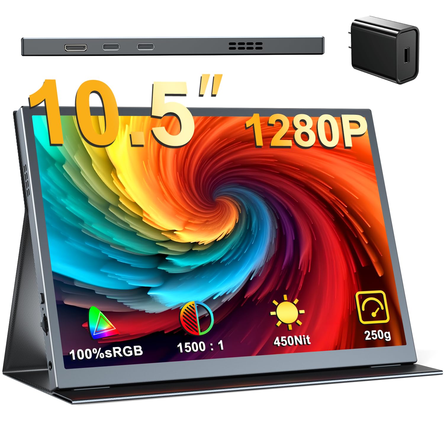 EVICIV モバイルモニター 10.5インチ 小型 モバイルディスプレイ FHD 1280P 1500:1コントラスト 450Nits高輝度 100%sRGB IPS 光沢パネル 超軽量 ポータブルモニター 保護カバー付き 在宅勤務 ゲーミング サブモニター 持ち運び スピーカー内蔵 HDR VESA対応 Type-C/mini HDMI搭載 Switch/スマホ/PC/Macなど対応商品画像