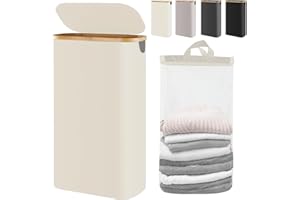 Bathola Slim Laundry Hamper with Lid 65L, Dirty clothes Hamper for Laundry Basket Collapsible, Thin Laundry Hamper with Removable Bag & Bamboo Handles, Narrow Laundry Hamper for Small Space