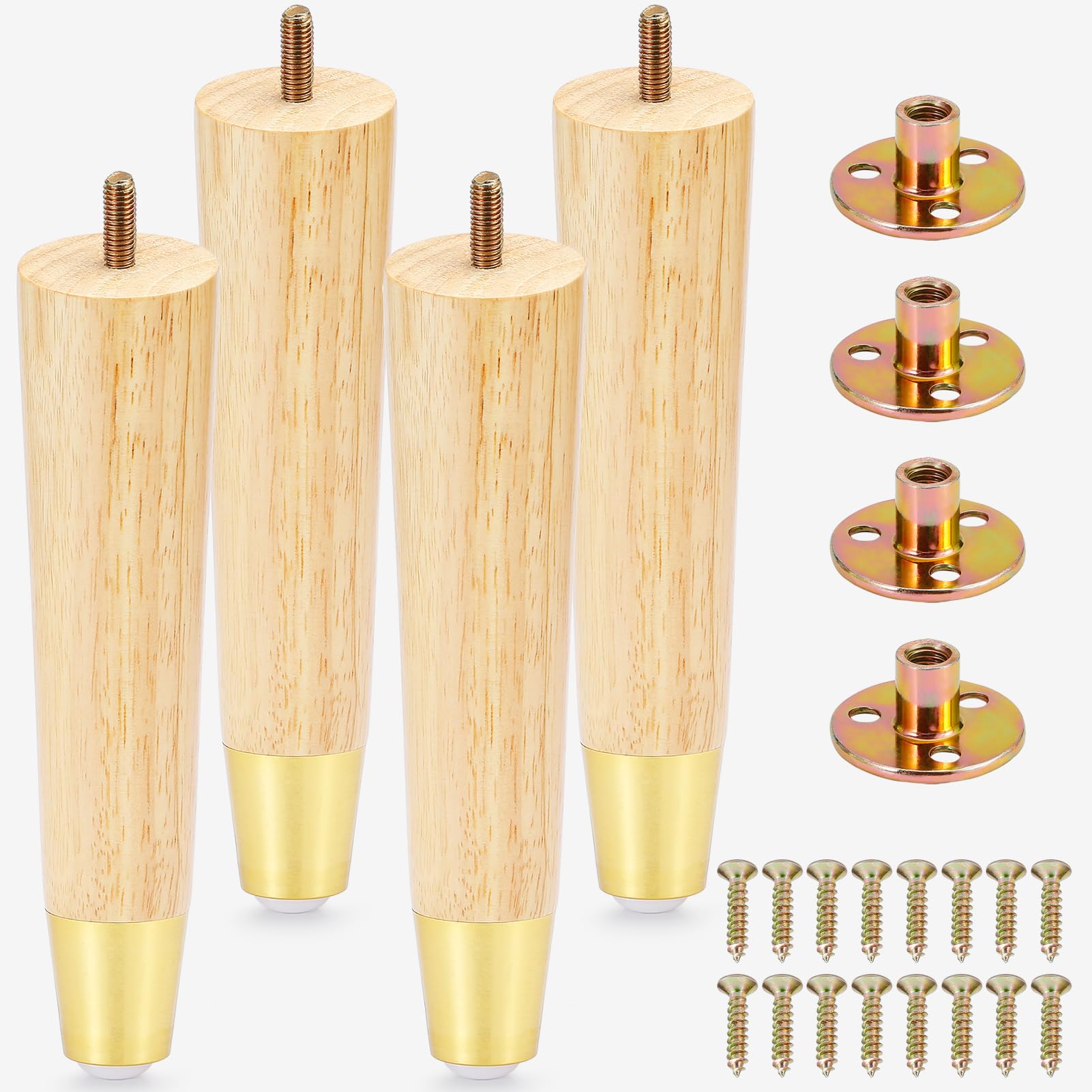 Stahala Wood Furniture Legs 8 Inch with Gold Cap,Sofa Replacement Wooden Leg Set of 4,Cabinet Legs,Dresser Legs,Couch Legs,Recliner Legs,Wooden Legs for Sofa