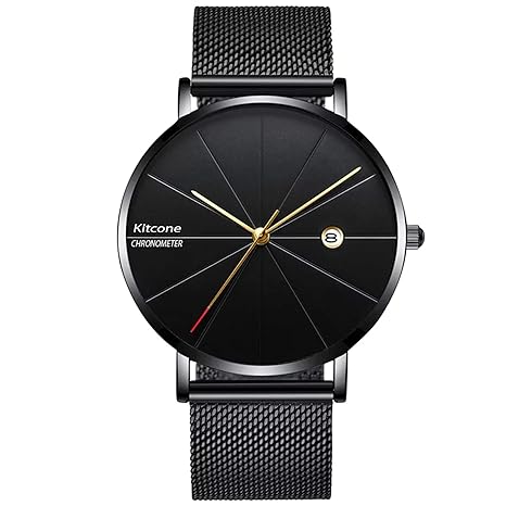 Kitcone Analogue Date & Time Display Shepard Chain Black Dial Super Slim Mens Watch & Boys Watch - BLC