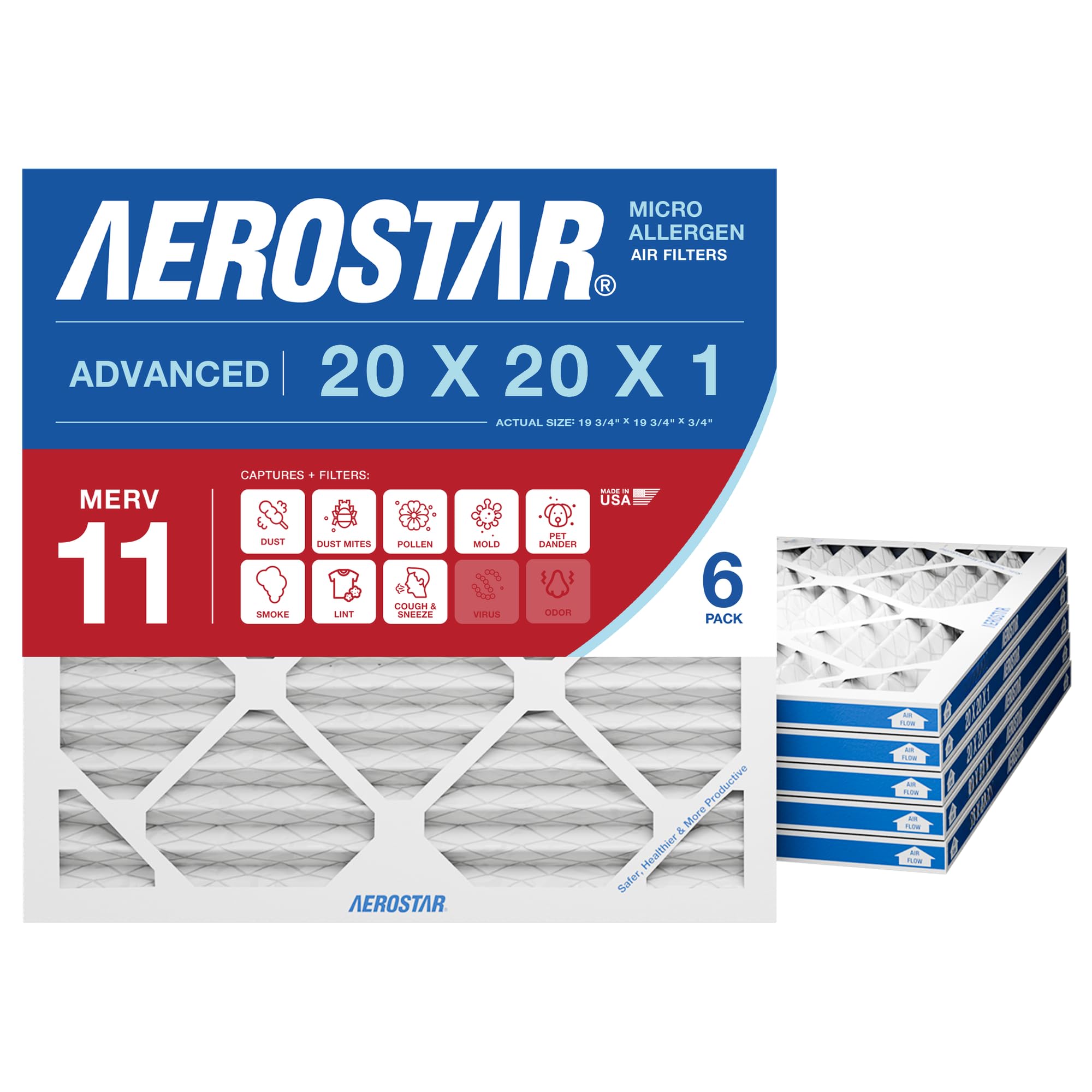 Aerostar Air Filter 20x20x1 MERV 11 AC Filter, HVAC, Furnace Filter, 6 Pack