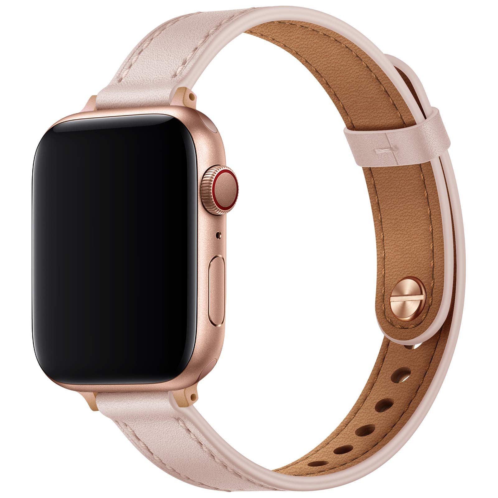 Photo 1 of OUHENG Slim Bands Compatible with Apple Watch Band 42mm 41mm 40mm 38mm, Women Genuine Leather Replacement Thin Strap for iWatch SE 3/2/1 Series 11 10 9 8 7 6 5 4 3 2 1 (Pink Sand/Rose Gold)