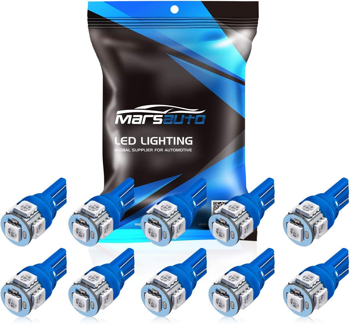 Marsauto 194 T10 LED Bulbs Blue Instrument Panel Dashboard LED Light Bulbs No Polarity 168 2825 5SMD Dome Map License Plate Lights Lamp 12V Pack of 10
