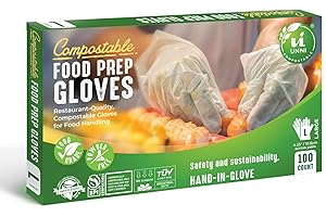 UNNI Compostable Food Prep Gloves, Restaurant-Quality, For Food Handling, Powder-Free, 100 Count, Large, Earth Friendly Highest ASTM D6400, US BPI, CMA & Europe OK Compost Certified, San Francisco