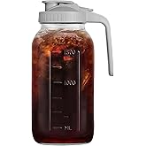 64oz Glass Pitcher with Handle and Lid, 2 Quart Mason Jar Pitcher - Airtight & Leakproof Water Jug with Pour Spout Lid, Glass Containers for Fridge, Perfect for Juice, Cold Brew, Iced & Sun Tea