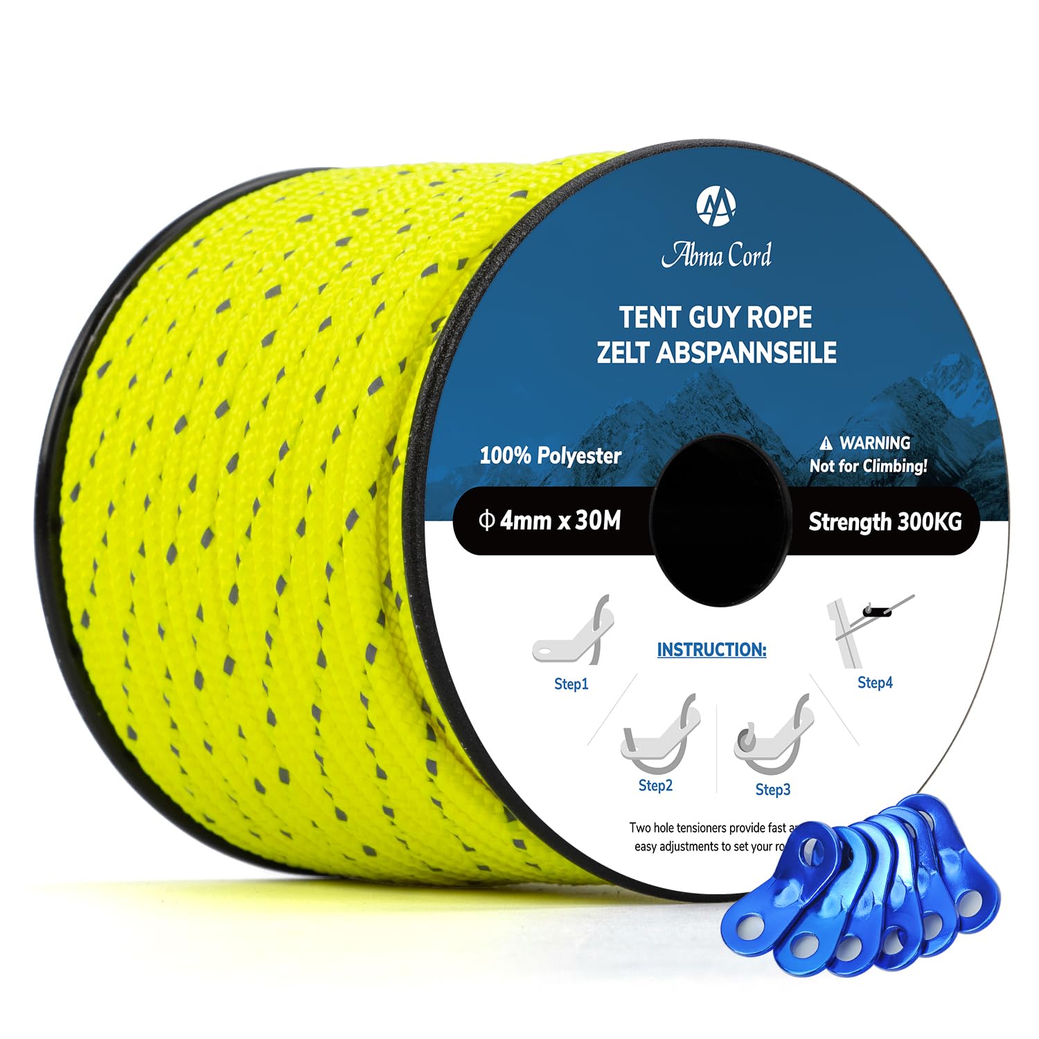 Abma Cord Tent Guy Ropes 4mm 30M Guy Line 6 Pcs Guy Rope Tensioners Heavy Duty Guide Rope for Camping, Gazebos, Awning, Tarp - Reflective Neon Yellow