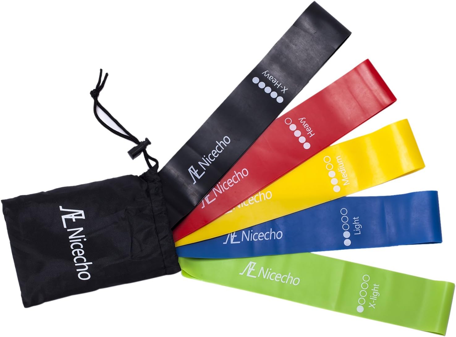 Nicecho Exercise Resistance Loop Bands, Fitness Exercise Bands, Set of 5, 12-inch Workout Bands for Workout & Physical Therapy, P90x, CrossFit, Beach Body, Yoga With Exercise Booklet and Carry Bag