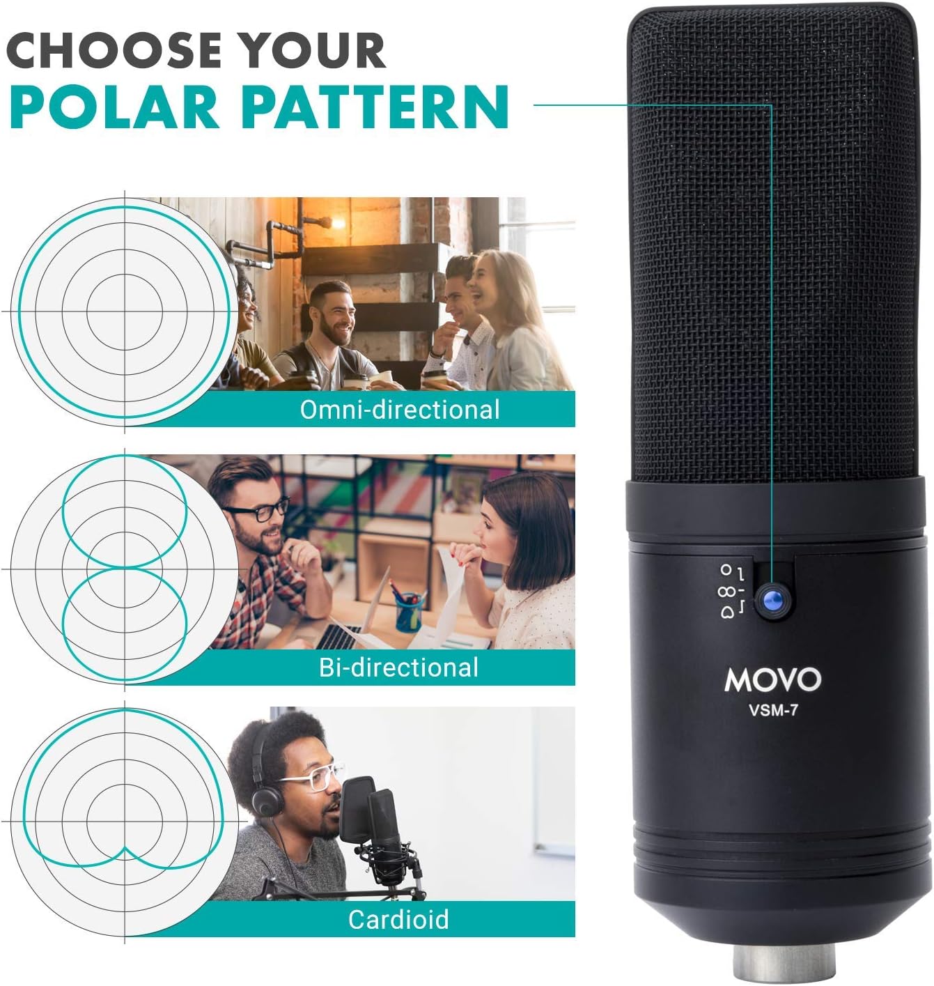 Movo VSM-7 Large Diaphragm, Multi-Pattern Studio Condenser Microphone with Shock Mount, Pop Filter, and XLR Cable - Studio Microphone for Music, Vocals, Podcasting, Gaming, Streaming and More: Home Audio & Theater