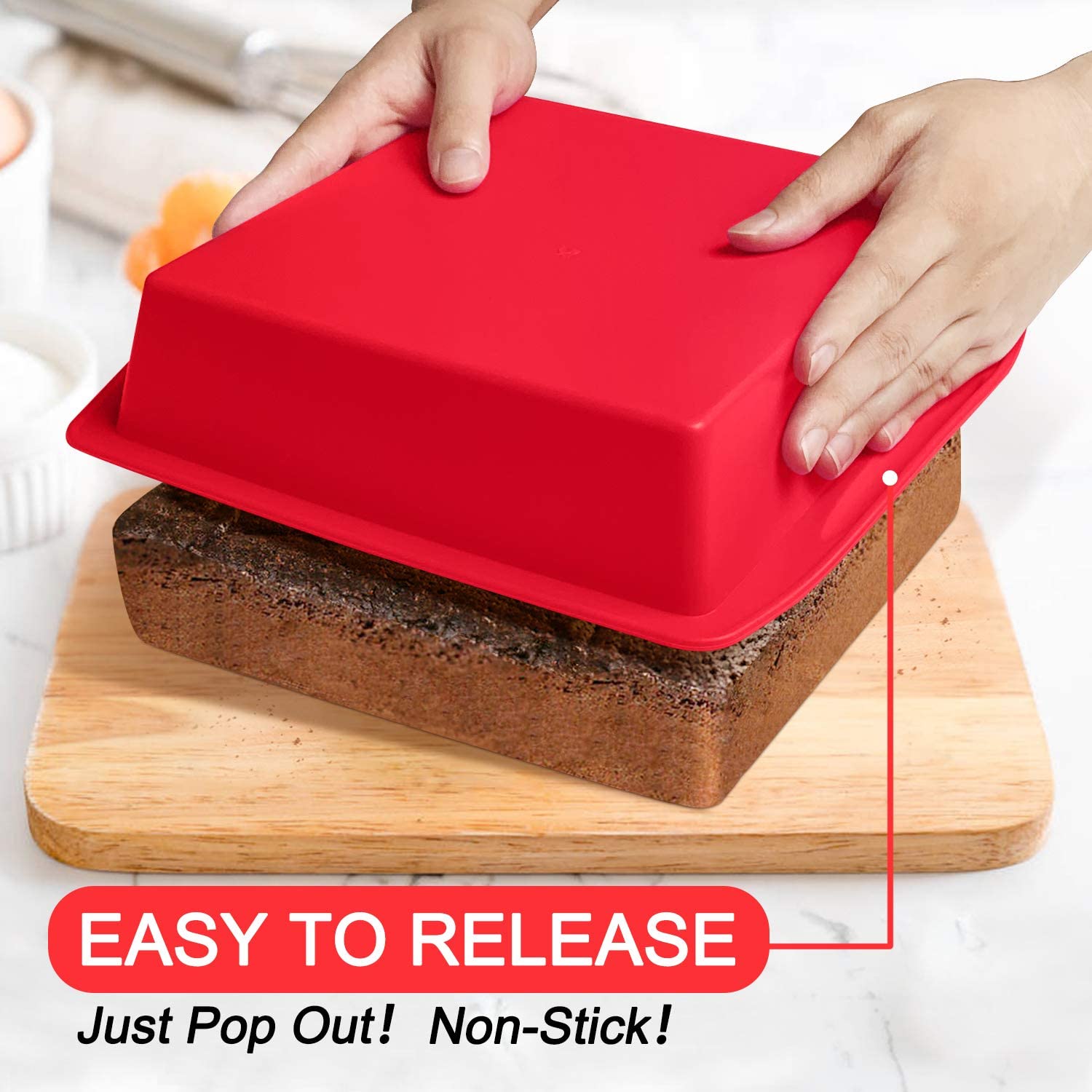 Walfos Silicone Square Cake Pan, 8 inch, Red, BPA Free, Non-Stick, Perfect for Brownies, Cakes, Bread, Pies, and Lasagna, Set of 2