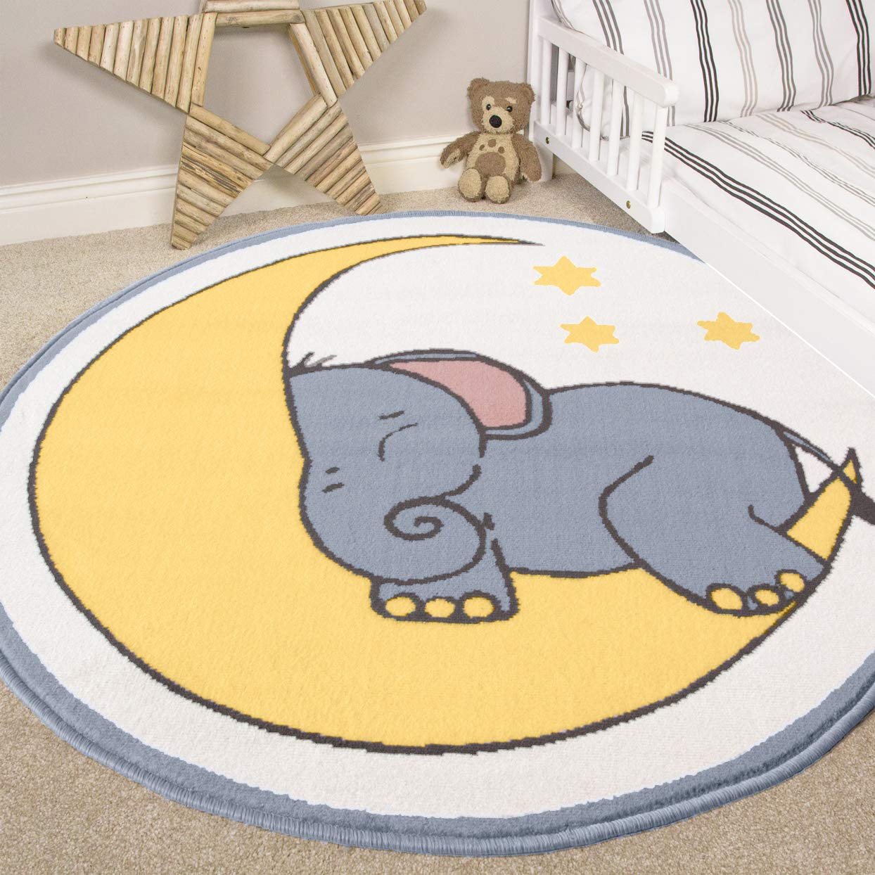 Nursery Style Elephant, Moon and Stars Kids Baby Room Childrens Floor Area Rug Mat