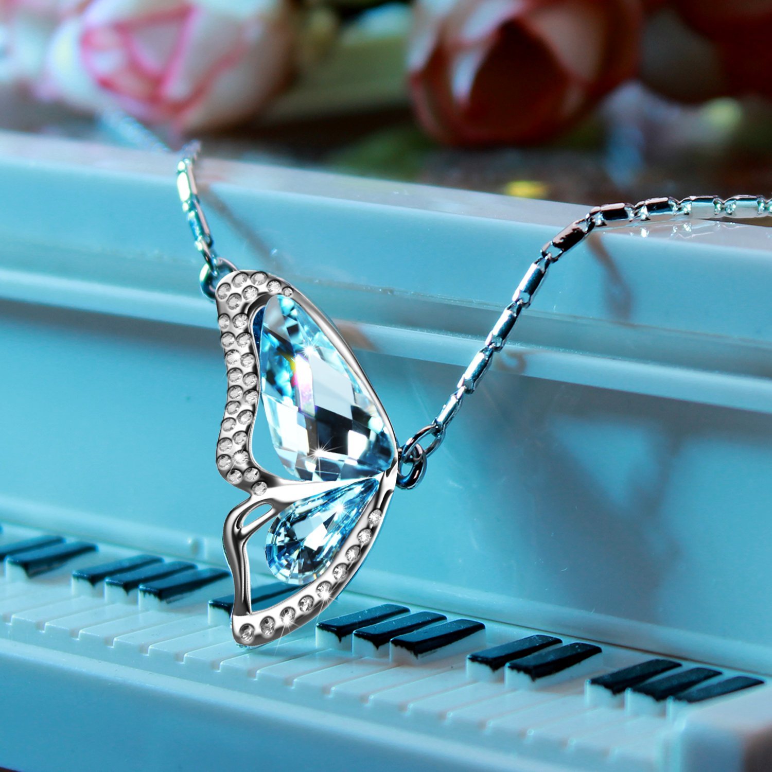 UHIBROS Heart Pendant Eternal Love Sliver Necklace Jewelry Silver Crystal Zircon Gift (Blue)
