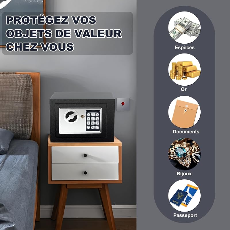 Petit Coffre Fort à Code | Coffre Fort en Acier avec Serrure Électronique à Code de Chiffres | 2 Clés et Code pour Ranger l'argent, Bijoux & Objets de Valeur | 17x23x17cm | Noir