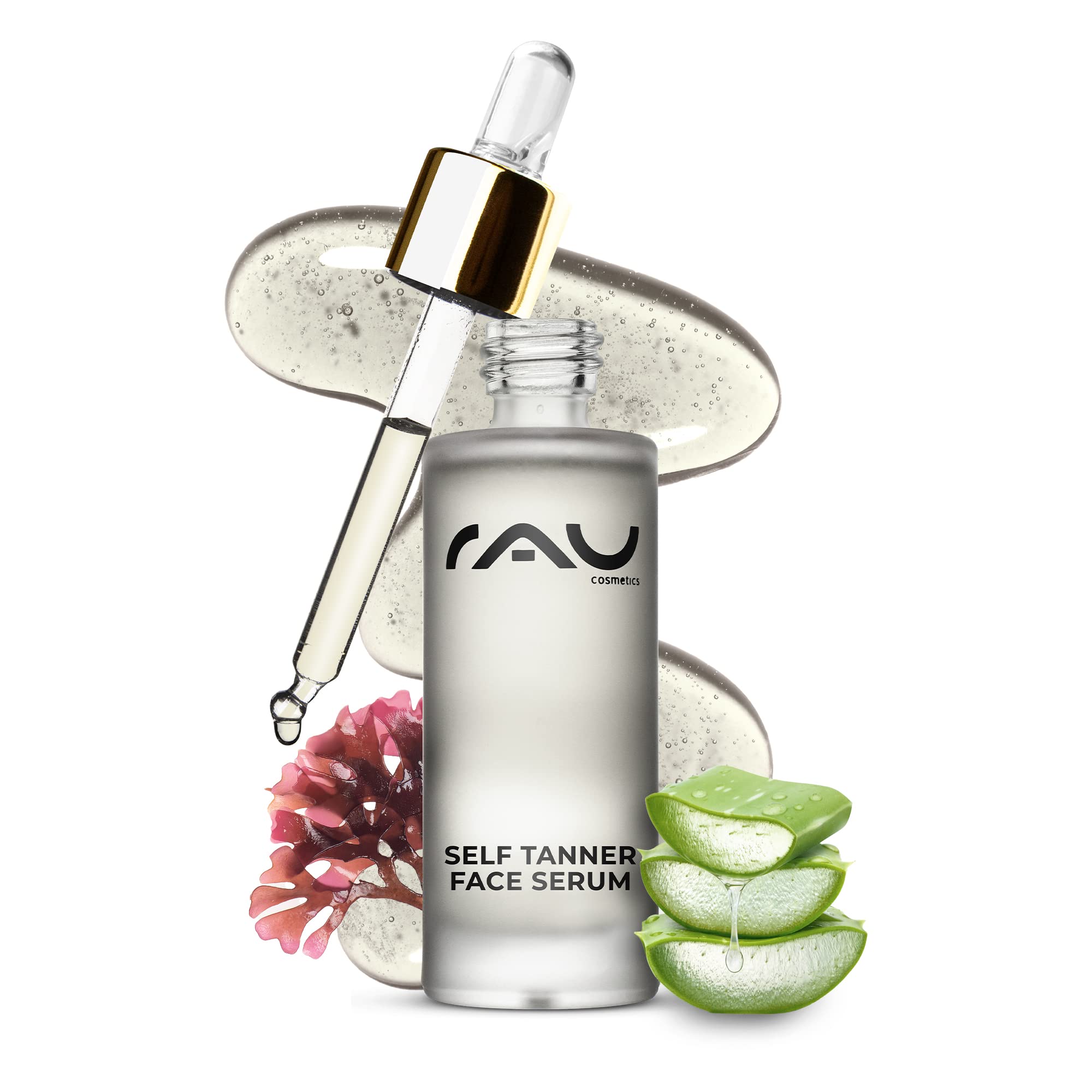 RAU Cosmetics Self Tanning Drops Self Tanner Face Serum 30 ml - Natural Concentrate Self-Tanning Drops for the Face - With Erythrulosis, Dihydroxyacetone, Aloe Vera, Hyaluronic Acid, Panthenol