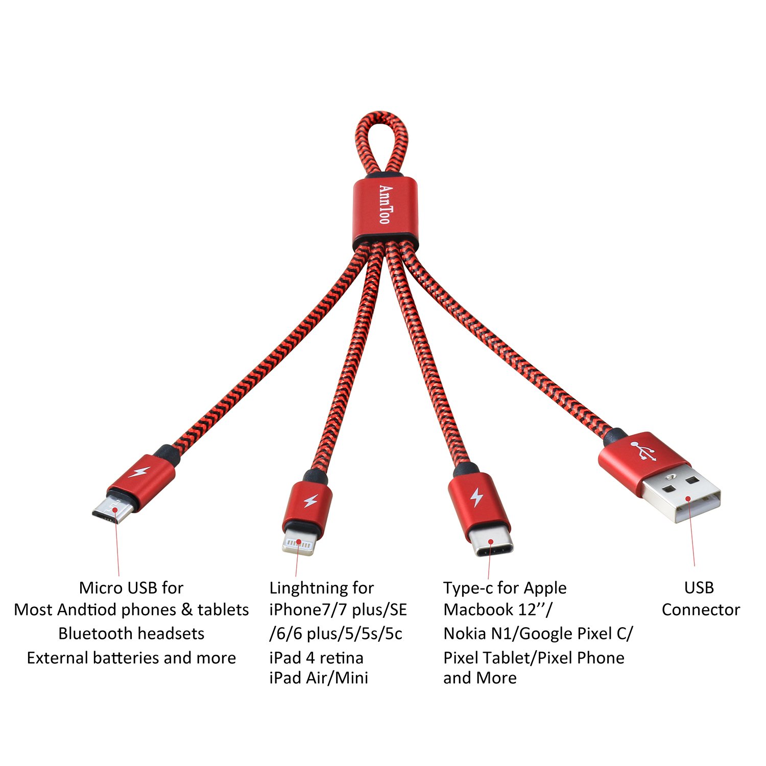 Multi USB Charger AnnToo Multi USB Cable 0.6 FT 3 in 1 Nylon Braided Multiple USB Charging Cables for iPhone iPad Android etc Smartphones with Type C Connector - Red [Only Charging]
