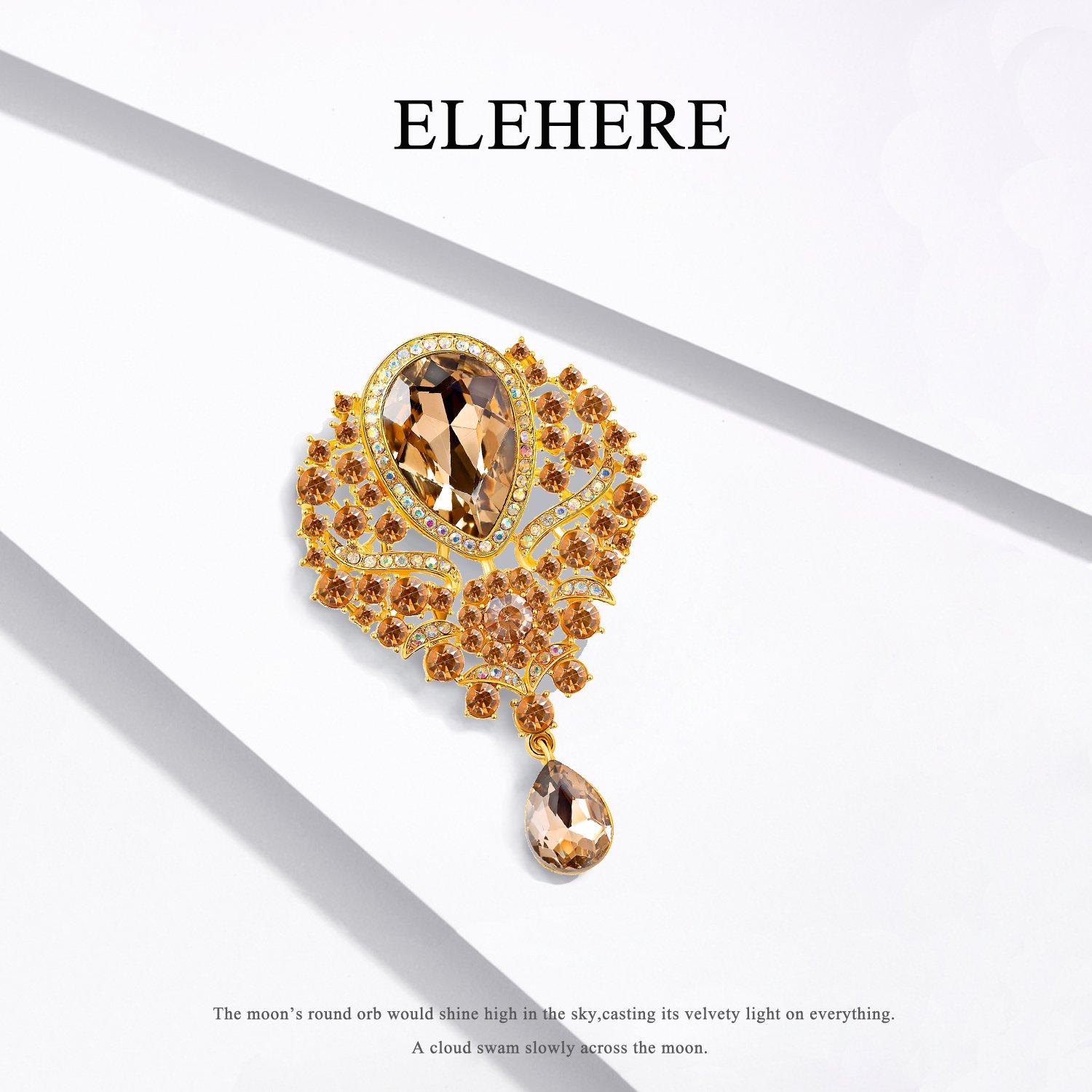Elehere Crystal Brooch Pin - Large Wedding Dangling Rhinestone Brooch Bouquet DIY, Ceremony Decoration (Champagne Gold)