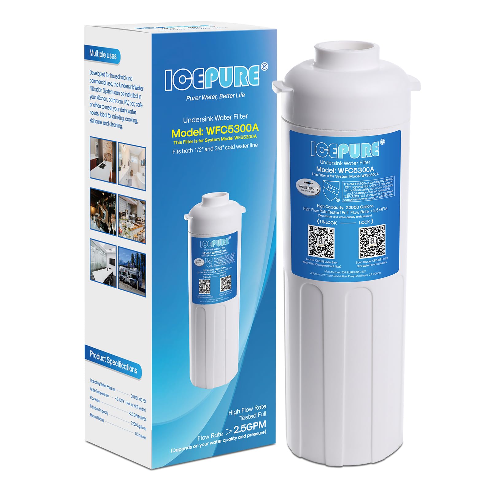 ICEPURE WFC5300A Under Sink Water Filter System, 22000 Gallons Ultra High Life, Replacement for ICEPURE WFS5300A Under Sink Water Filtration System, Removes Heavy Metals,Chlorine (Not Use Alone)