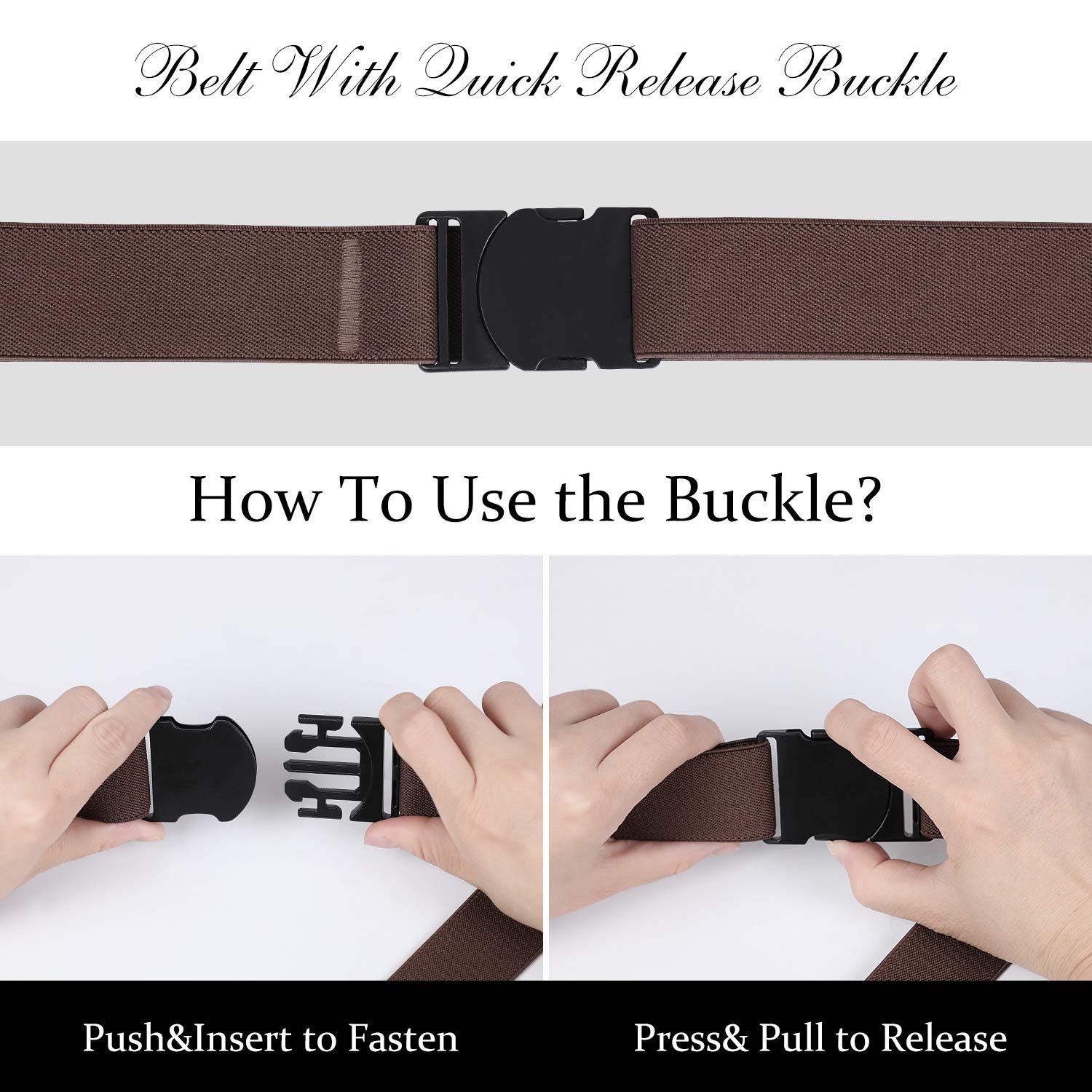 LEACOOLKEY Nickle Free Metal Free Belt, No Show Mens Stretch Belts - Elastic Webbing Belt with Flat Plastic Buckle, Travel Friendly Men Belt(Coffee, Pants Size Below 34 Inches)