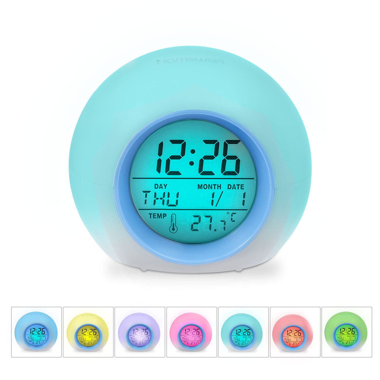 [Kids Gifts] HAMSWAN 7 Colors Changing Alarm Clock Nature Sounds One Tap Control Sleep-Friendly with Indoor Temperature Display for Working Parents, Students etc (Light Blue)