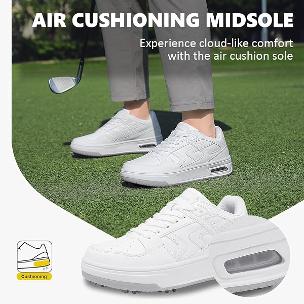 DARIBOM GOLF SHOES MENS WOMENS, SPIKED, WATERPROOF, CUSHIONING GOLF SPORT SNEAKERS (WHITE,44)